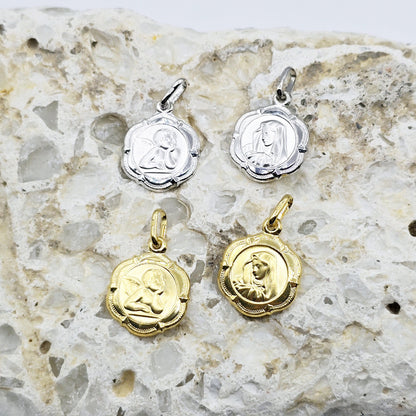 10K Gold Virgin Mary or Guardian Angel design Charm Pendant, Birthday Gift, Valentines Gift, Gold Coin Necklace, Memorial Gifts