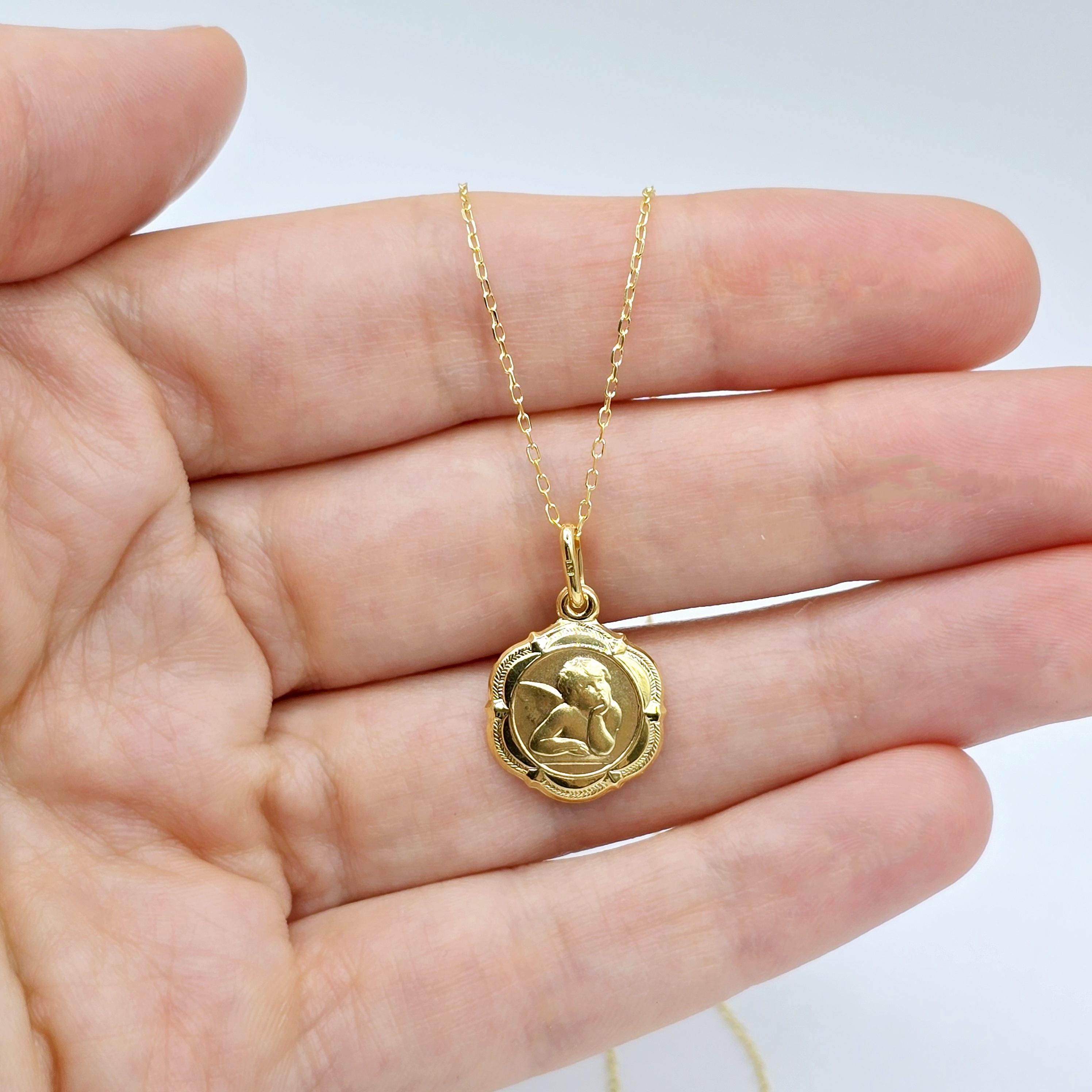 10K Gold Virgin Mary or Guardian Angel design Charm Pendant, Birthday Gift, Valentines Gift, Gold Coin Necklace, Memorial Gifts