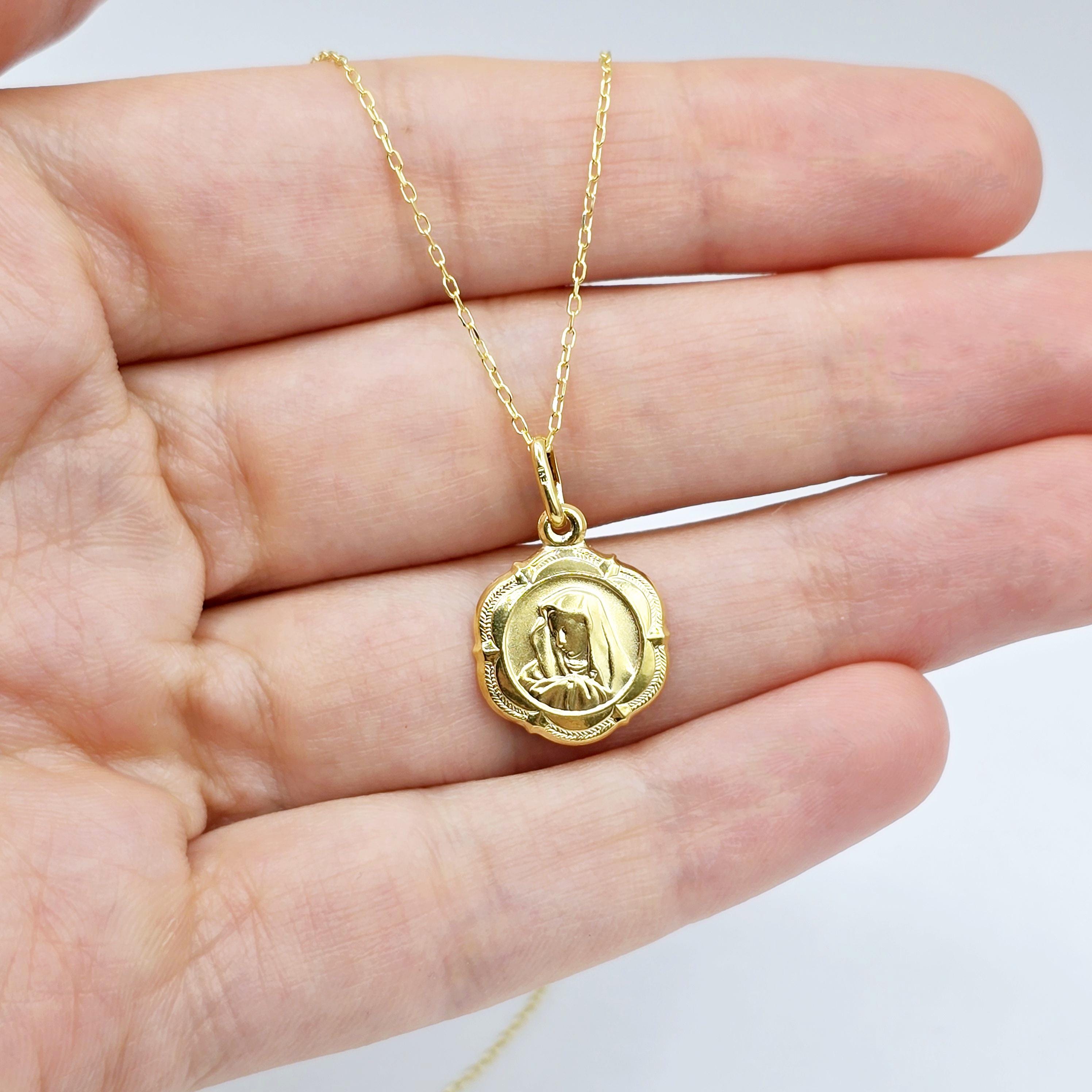 10K Gold Virgin Mary or Guardian Angel design Charm Pendant, Birthday Gift, Valentines Gift, Gold Coin Necklace, Memorial Gifts