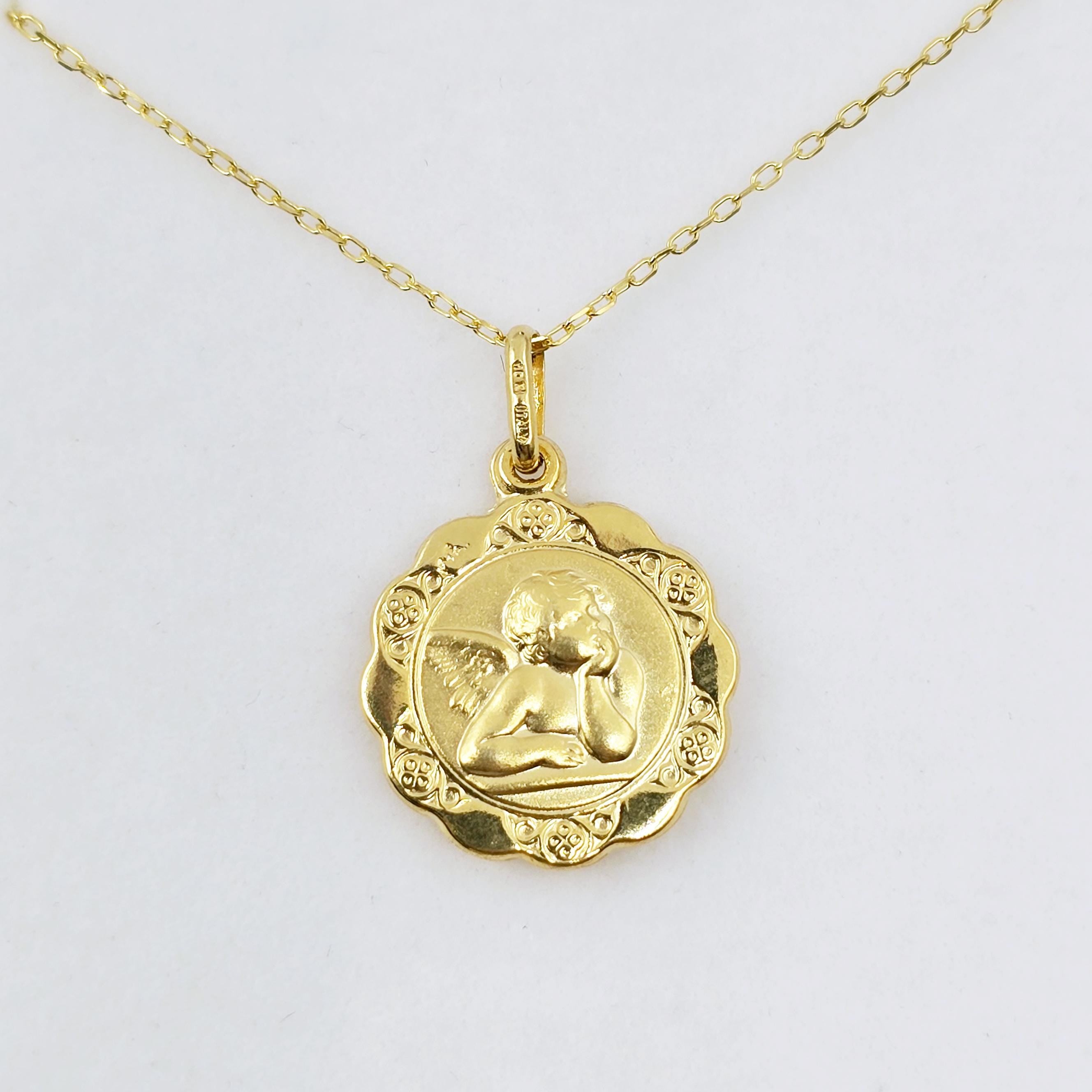 10K Solid Gold Pendant Cherub Angel or St. Christopher – Filigree Scalloped Border – Religious Medal Necklace , Gift for Her or Him