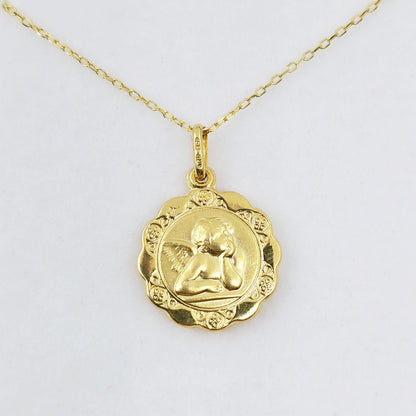10K Solid Gold Pendant Cherub Angel or St. Christopher – Filigree Scalloped Border – Religious Medal Necklace , Gift for Her or Him