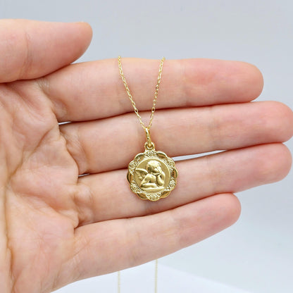 10K Solid Gold Pendant Cherub Angel or St. Christopher – Filigree Scalloped Border – Religious Medal Necklace , Gift for Her or Him