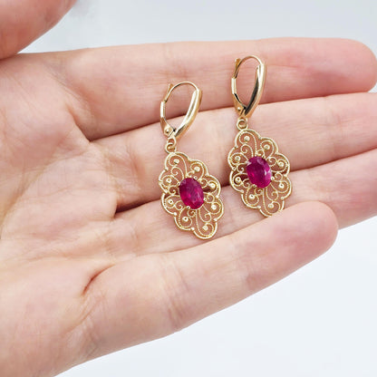 14K Gold Genuine Ruby Earrings , 2ct Ruby Lever back Earrings for Women, Elegant Ruby Earrings, Gold Gemstone Earrings, Elegant Earrings