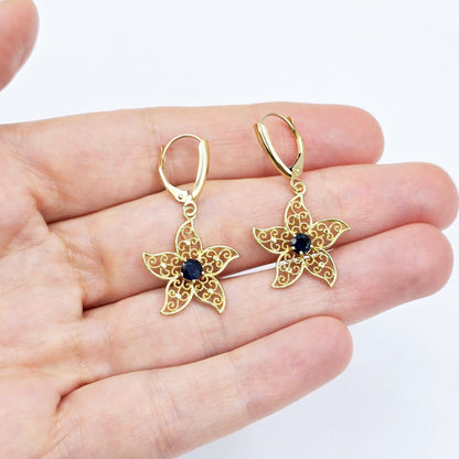 10K Gold Genuine Gemstone Earrings , Leverback Earrings for Women, Elegant Blue Stone Earrings, Gold Earrings for her, Elegant Earrings