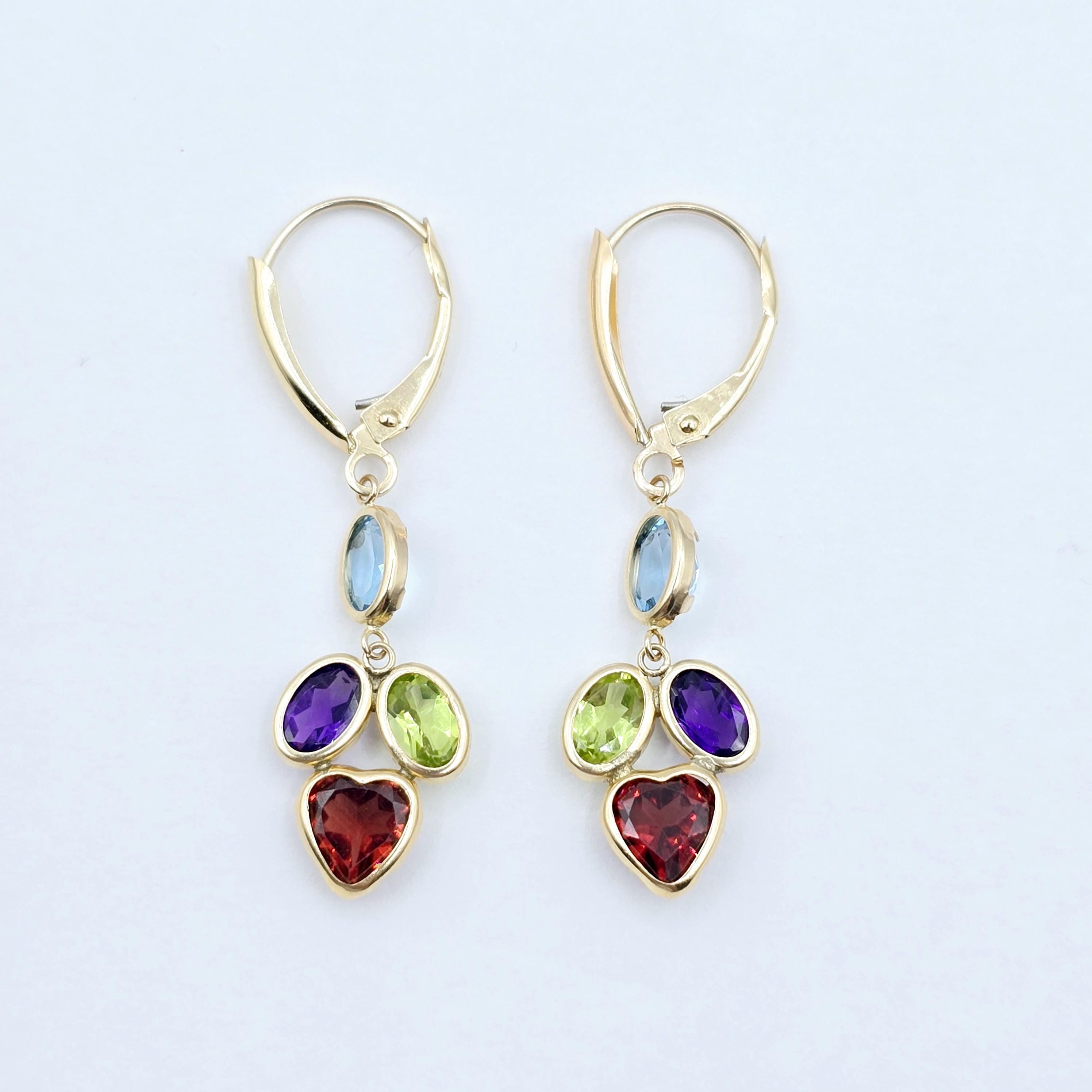 10K Yellow Gold Natural Gemstones Drop Earrings, Lever Back Drop Earrings for Women, Gift For Wife