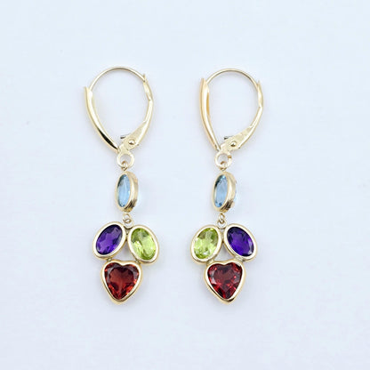 10K Yellow Gold Natural Gemstones Drop Earrings, Lever Back Drop Earrings for Women, Gift For Wife