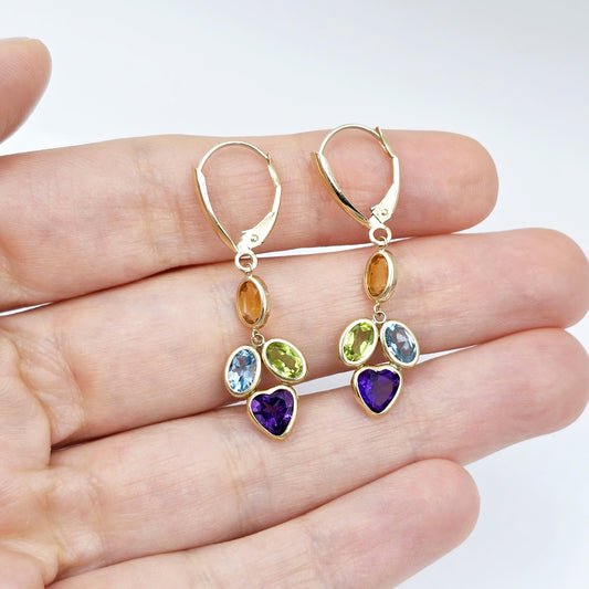 10K Yellow Gold Natural Gemstones Drop Earrings, Lever Back Drop Earrings for Women, Gift For Wife