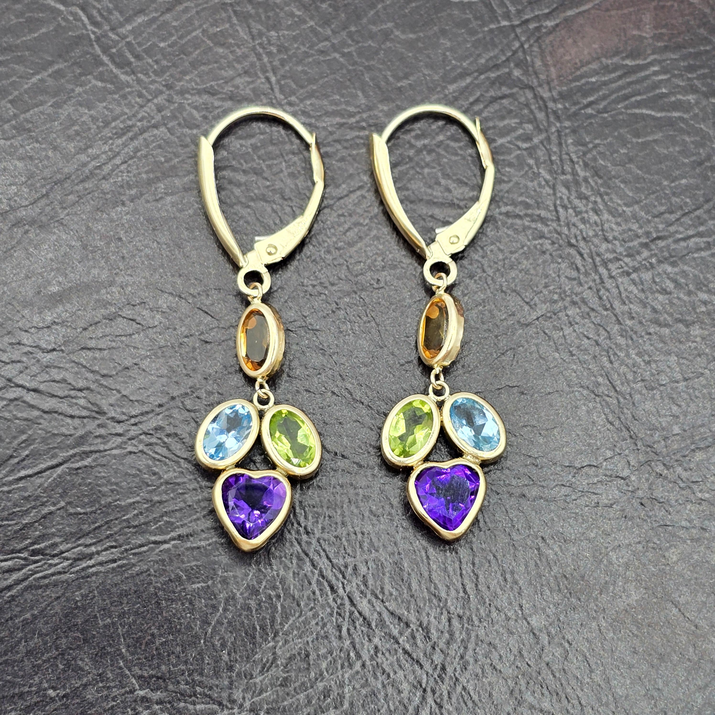 10K Yellow Gold Natural Gemstones Drop Earrings, Lever Back Drop Earrings for Women, Gift For Wife