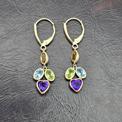 10K Yellow Gold Natural Gemstones Drop Earrings, Lever Back Drop Earrings for Women, Gift For Wife