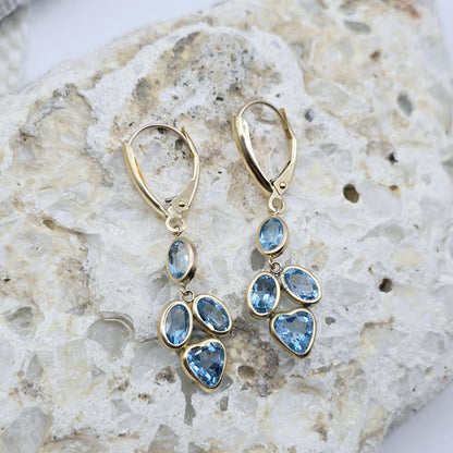 10K Yellow Gold Natural Gemstones Drop Earrings, Lever Back Drop Earrings for Women, Gift For Wife