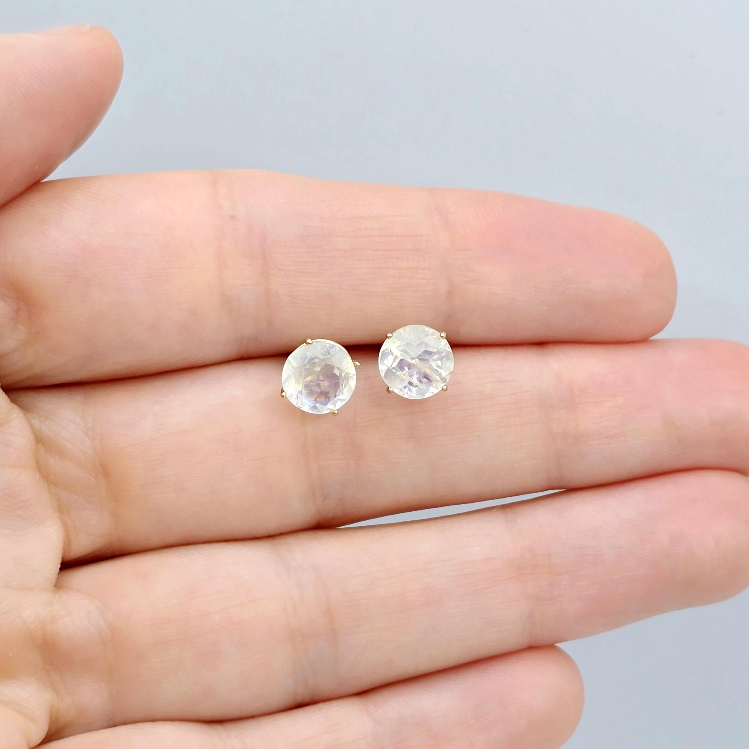 10K Gold Moonstone 7x7mm Stud Earrings, 10K Yellow Gold Genuine Moonstone Stud Earrings, Gift For Her, Big Stone Earrings