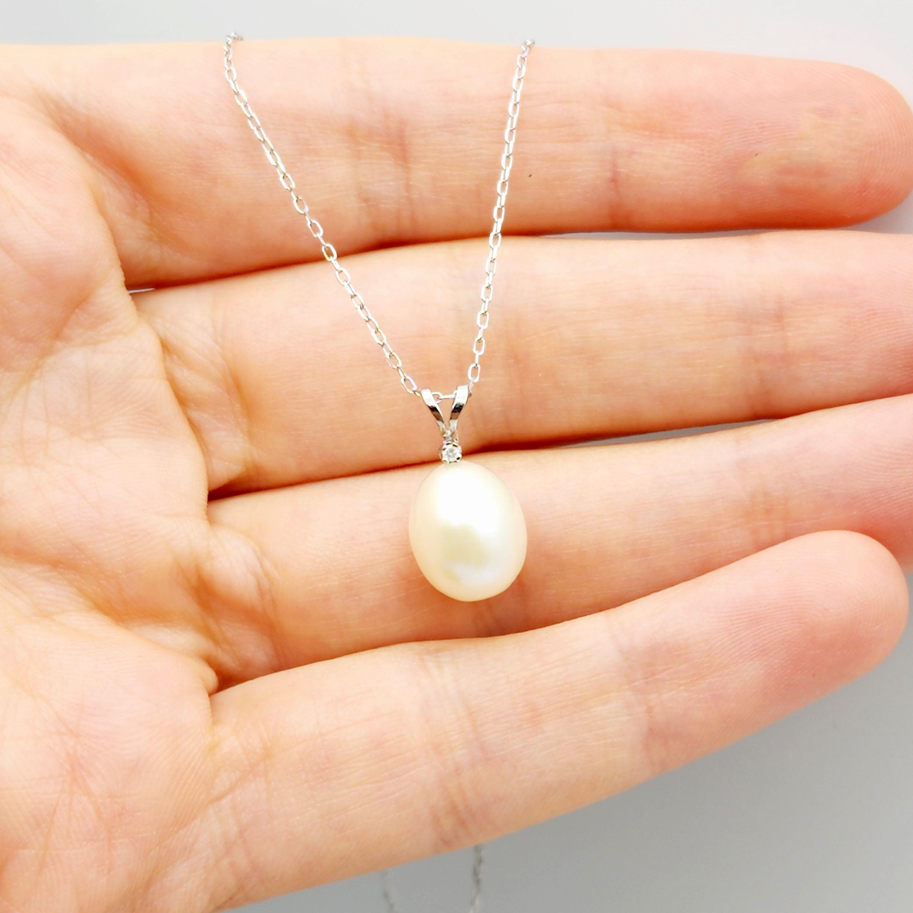 Gold Pearl Pendant Necklace, 14K Gold Fresh Water Pearl and Diamond Pendant, June Birthstone, Necklace for Wedding, Pendant For Her