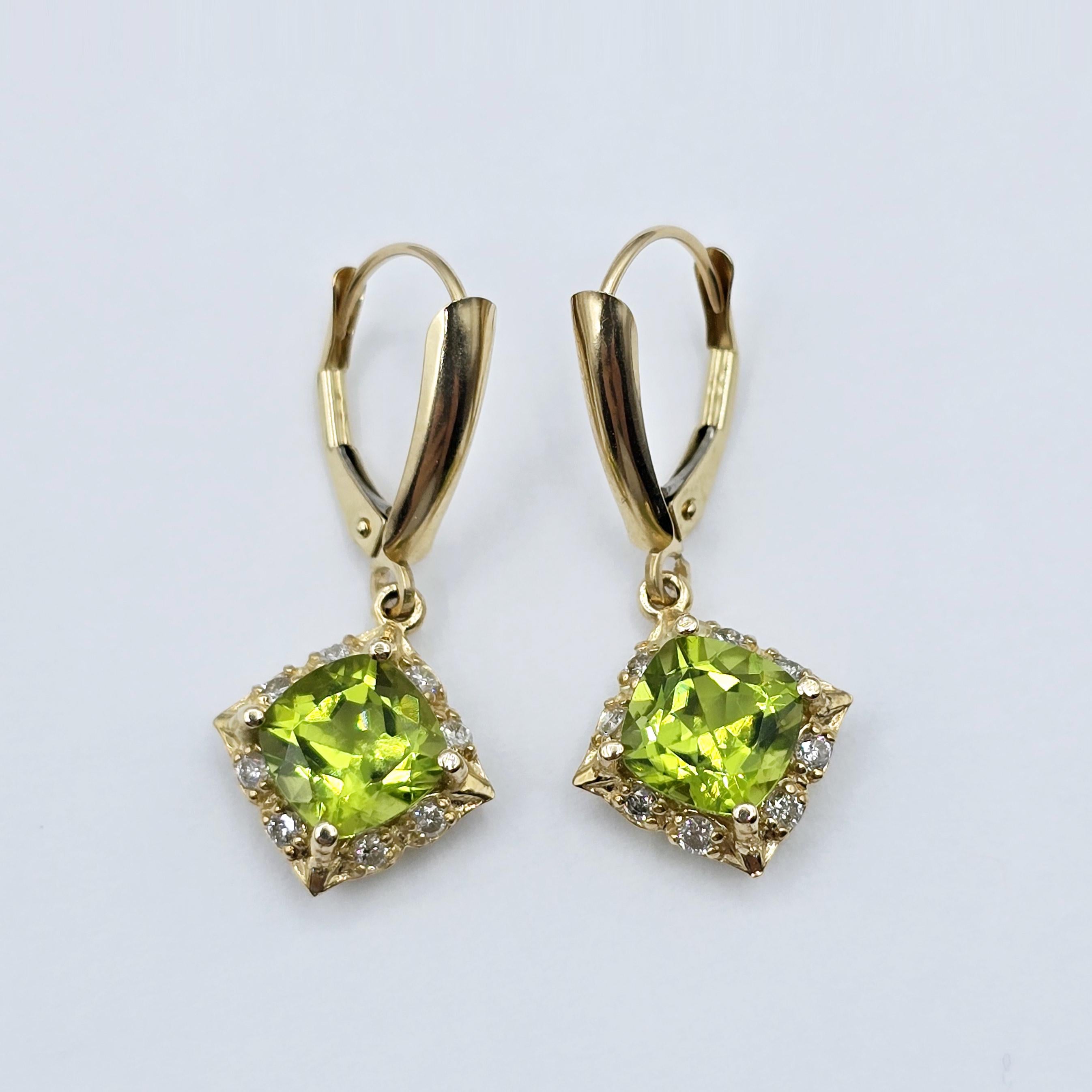 14K Yellow Gold Natural Peridot 3.3cts with 16 Genuine Diamonds Drop Earrings, Natural Birthstone Gold Earrings, Lever Back Drop Earrings