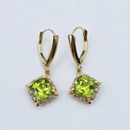 14K Yellow Gold Natural Peridot 3.3cts with 16 Genuine Diamonds Drop Earrings, Natural Birthstone Gold Earrings, Lever Back Drop Earrings