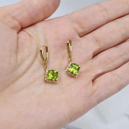 14K Yellow Gold Natural Peridot 3.3cts with 16 Genuine Diamonds Drop Earrings, Natural Birthstone Gold Earrings, Lever Back Drop Earrings