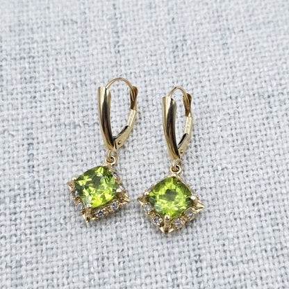 14K Yellow Gold Natural Peridot 3.3cts with 16 Genuine Diamonds Drop Earrings, Natural Birthstone Gold Earrings, Lever Back Drop Earrings