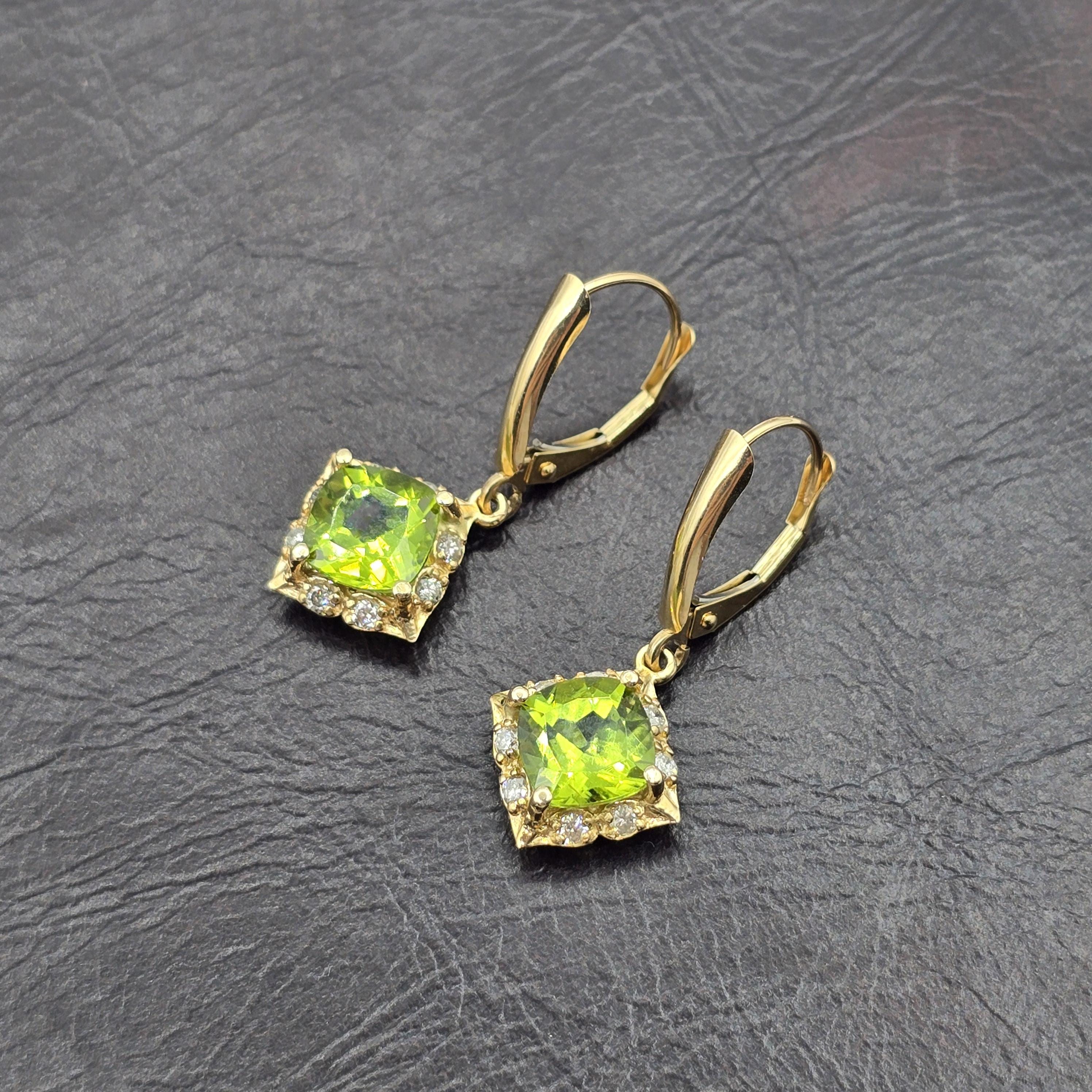 14K Yellow Gold Natural Peridot 3.3cts with 16 Genuine Diamonds Drop Earrings, Natural Birthstone Gold Earrings, Lever Back Drop Earrings