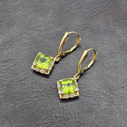 14K Yellow Gold Natural Peridot 3.3cts with 16 Genuine Diamonds Drop Earrings, Natural Birthstone Gold Earrings, Lever Back Drop Earrings
