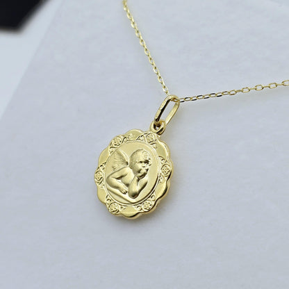 10K Solid Gold Pendant Cherub Angel or St. Christopher – Filigree Scalloped Border – Religious Medal Necklace , Gift for Her or Him