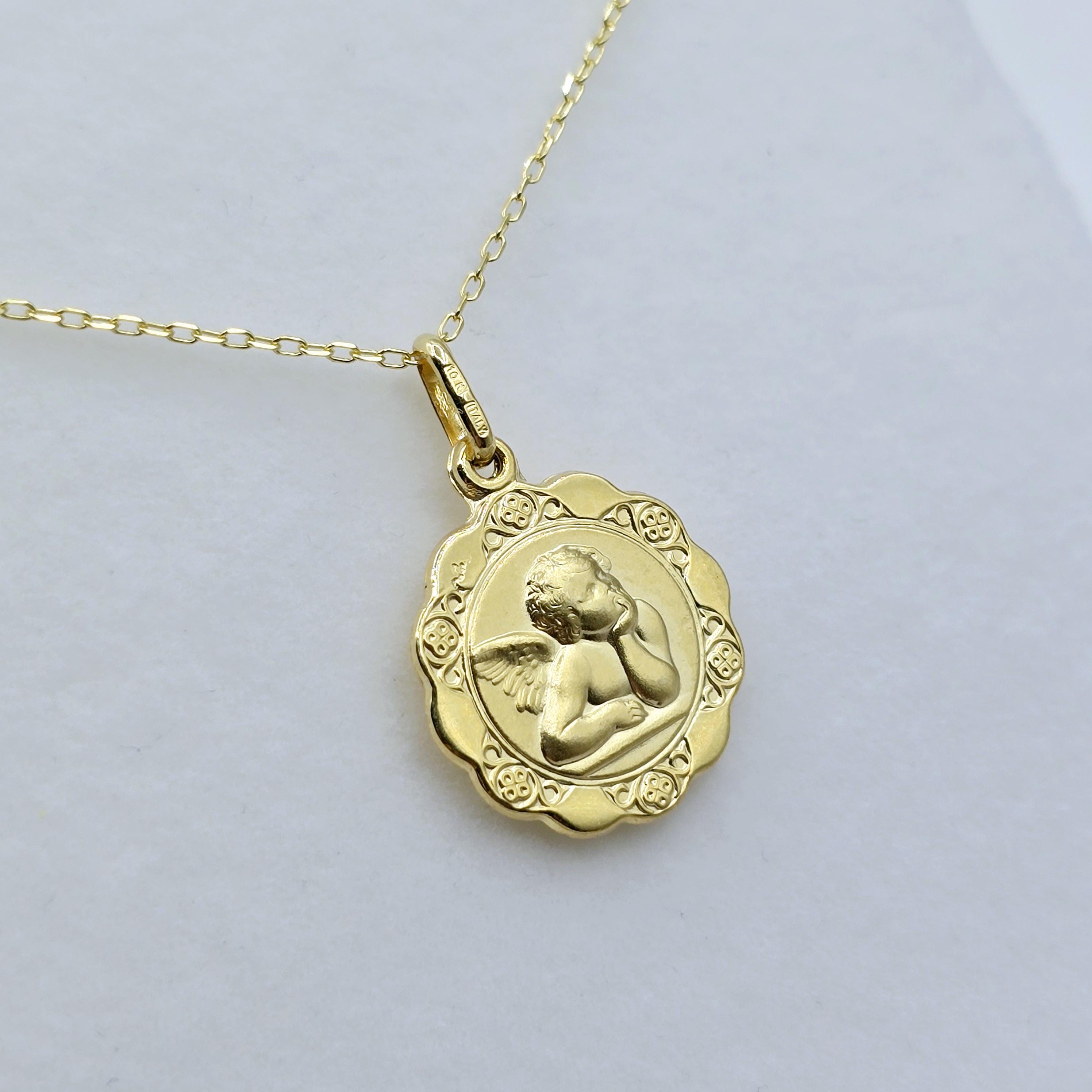 10K Solid Gold Pendant Cherub Angel or St. Christopher – Filigree Scalloped Border – Religious Medal Necklace , Gift for Her or Him