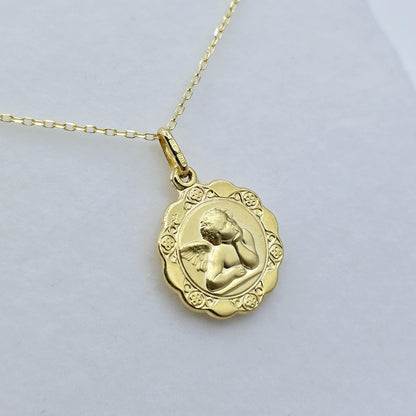 10K Solid Gold Pendant Cherub Angel or St. Christopher – Filigree Scalloped Border – Religious Medal Necklace , Gift for Her or Him