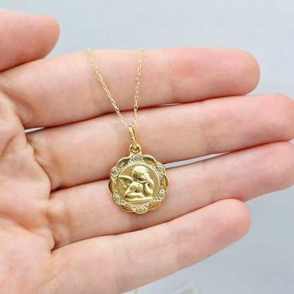10K Solid Gold Pendant Cherub Angel or St. Christopher – Filigree Scalloped Border – Religious Medal Necklace , Gift for Her or Him