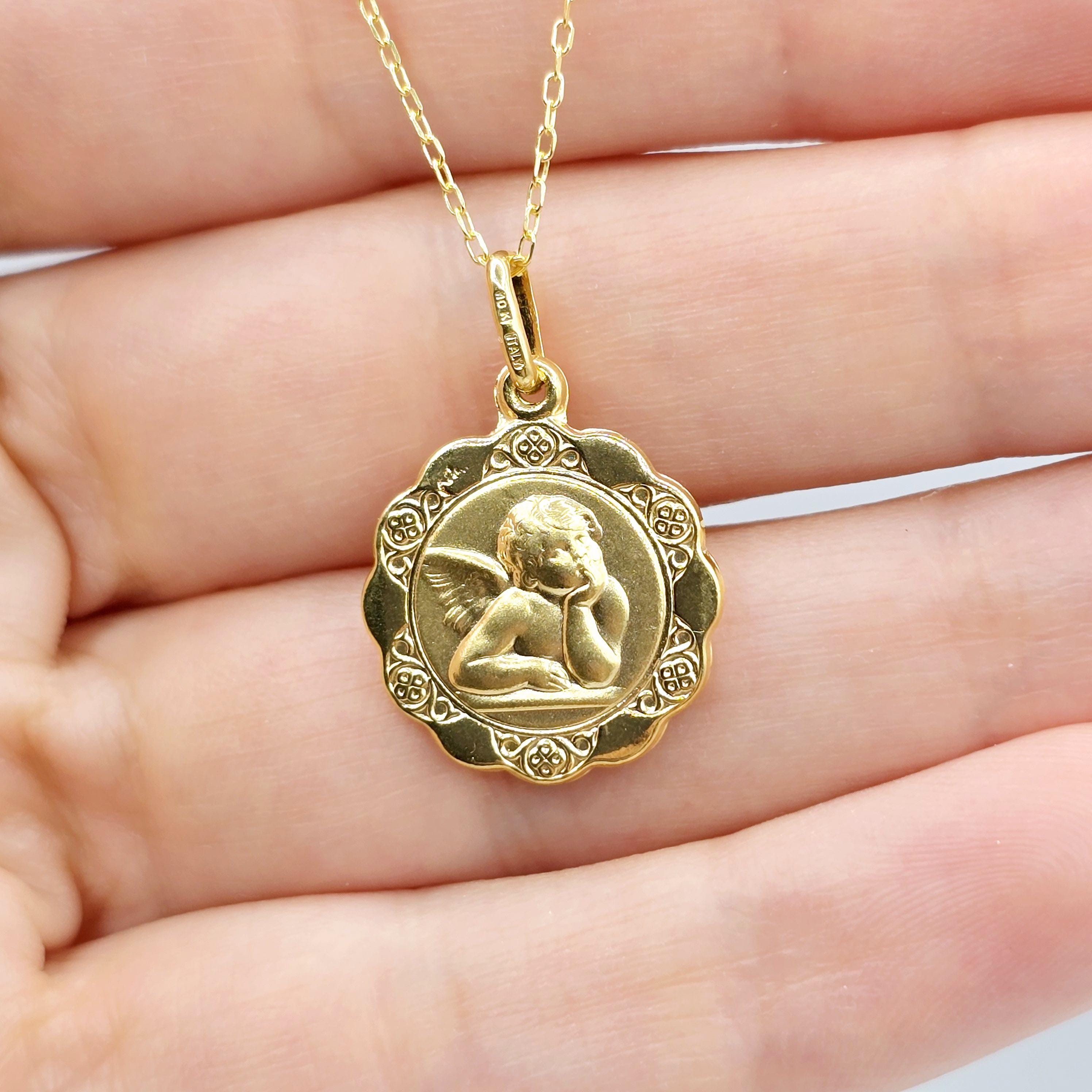 10K Solid Gold Pendant Cherub Angel or St. Christopher – Filigree Scalloped Border – Religious Medal Necklace , Gift for Her or Him