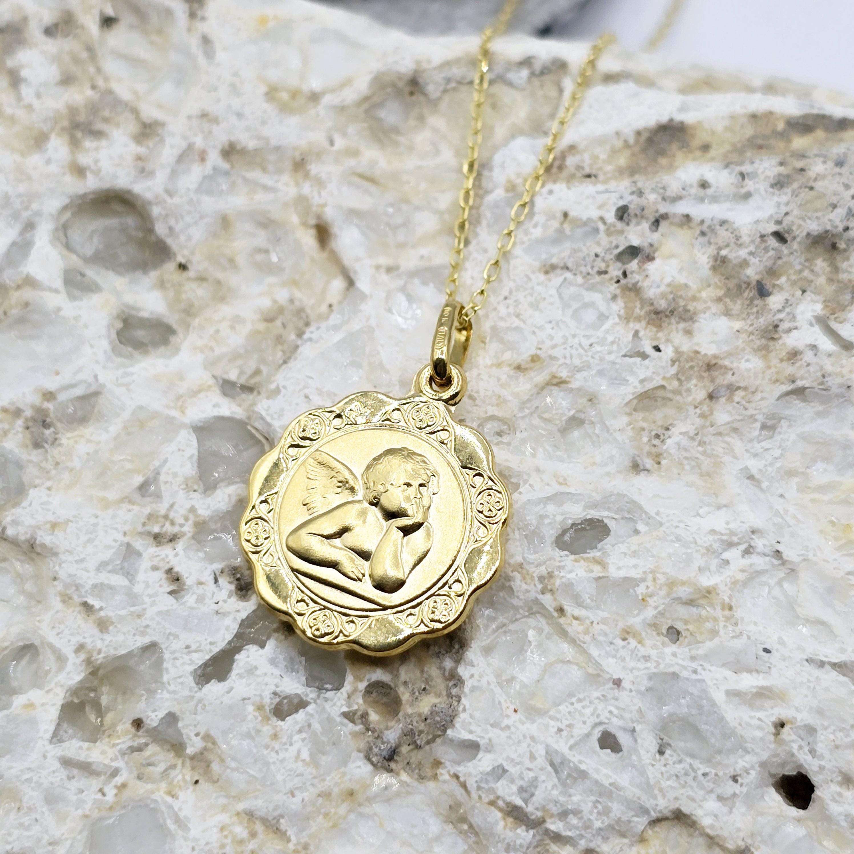 10K Solid Gold Pendant Cherub Angel or St. Christopher – Filigree Scalloped Border – Religious Medal Necklace , Gift for Her or Him