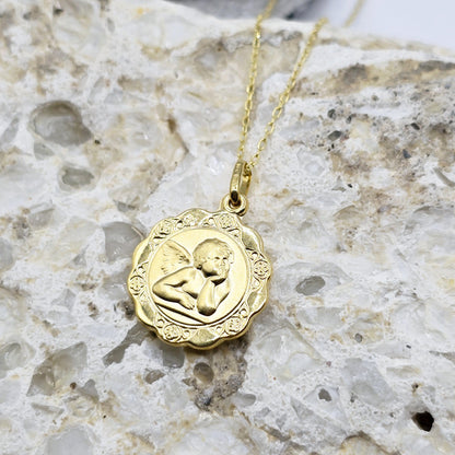10K Solid Gold Pendant Cherub Angel or St. Christopher – Filigree Scalloped Border – Religious Medal Necklace , Gift for Her or Him