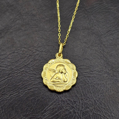10K Solid Gold Pendant Cherub Angel or St. Christopher – Filigree Scalloped Border – Religious Medal Necklace , Gift for Her or Him