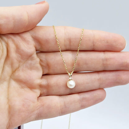 14K Gold Pearl Pendant Necklace, June Birthstone Cultured Pearl 6mm and Diamond Pendant, Dainty Minimalist Classic Necklace Gift for Her