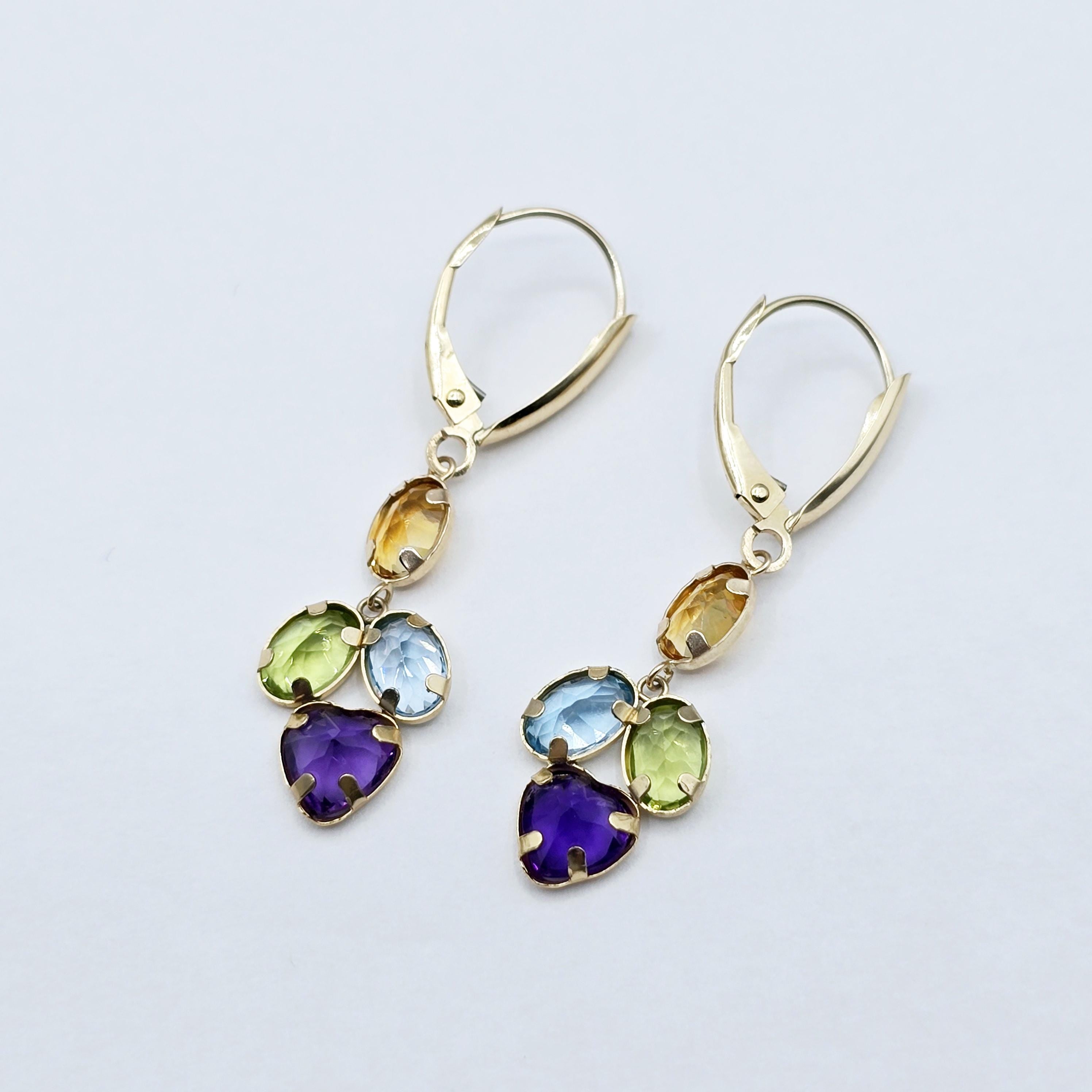 10K Yellow Gold Natural Gemstones Drop Earrings, Lever Back Drop Earrings for Women, Gift For Wife