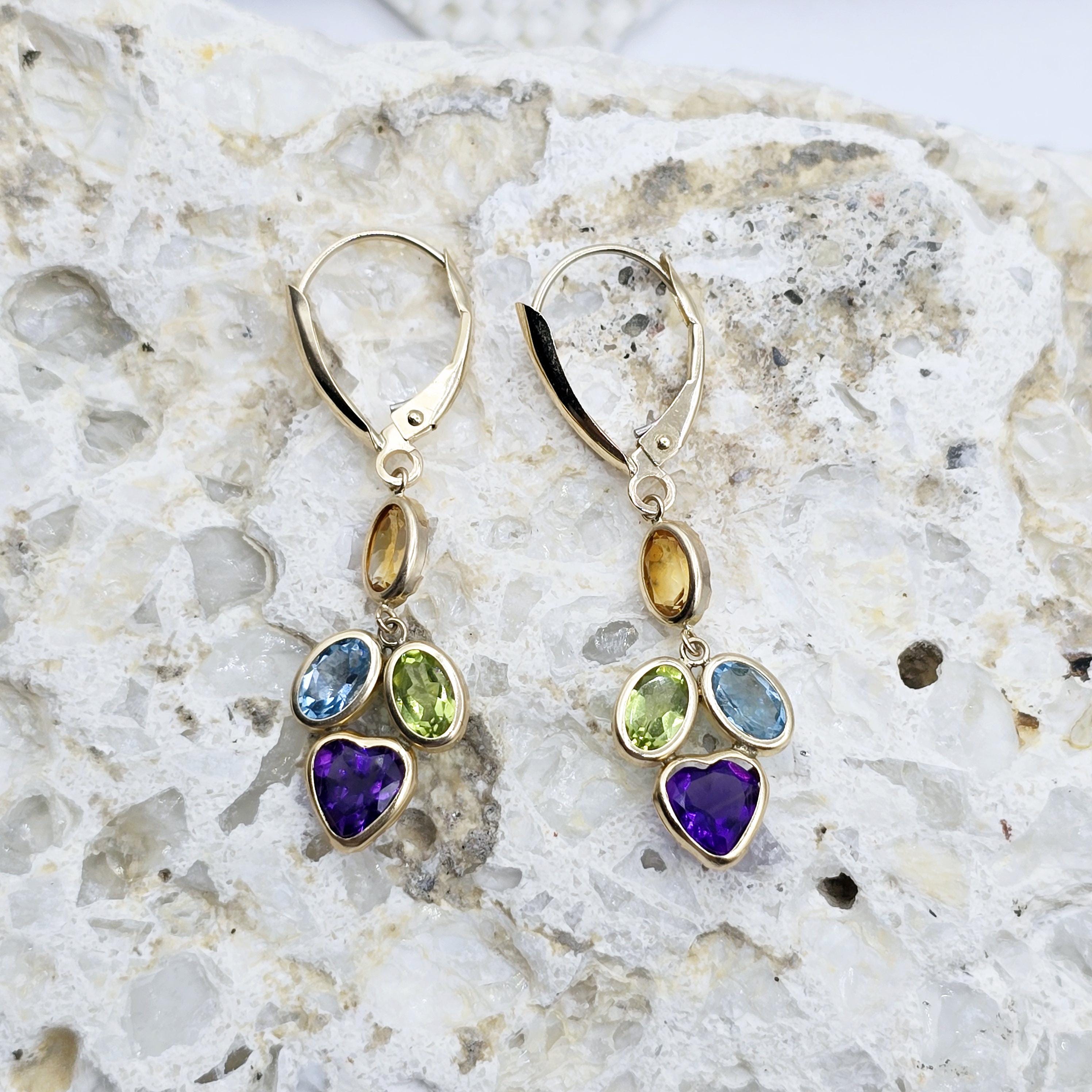10K Yellow Gold Natural Gemstones Drop Earrings, Lever Back Drop Earrings for Women, Gift For Wife