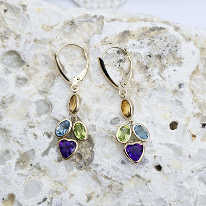 10K Yellow Gold Natural Gemstones Drop Earrings, Lever Back Drop Earrings for Women, Gift For Wife