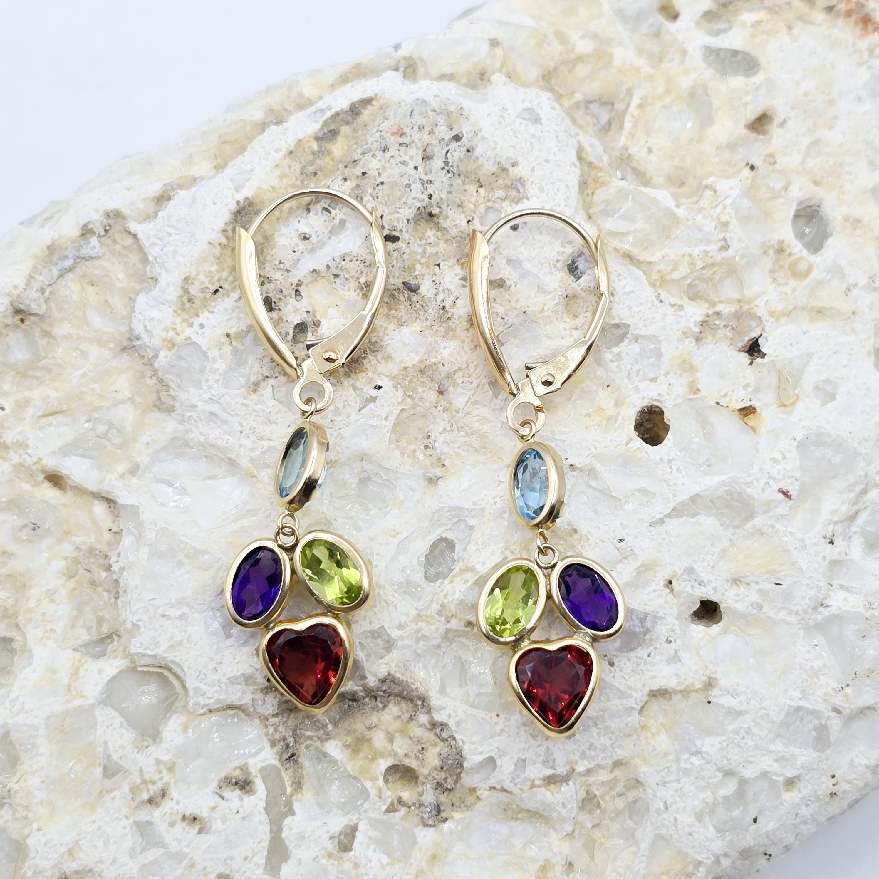10K Yellow Gold Natural Gemstones Drop Earrings, Lever Back Drop Earrings for Women, Gift For Wife