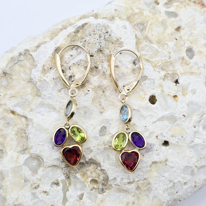 10K Yellow Gold Natural Gemstones Drop Earrings, Lever Back Drop Earrings for Women, Gift For Wife
