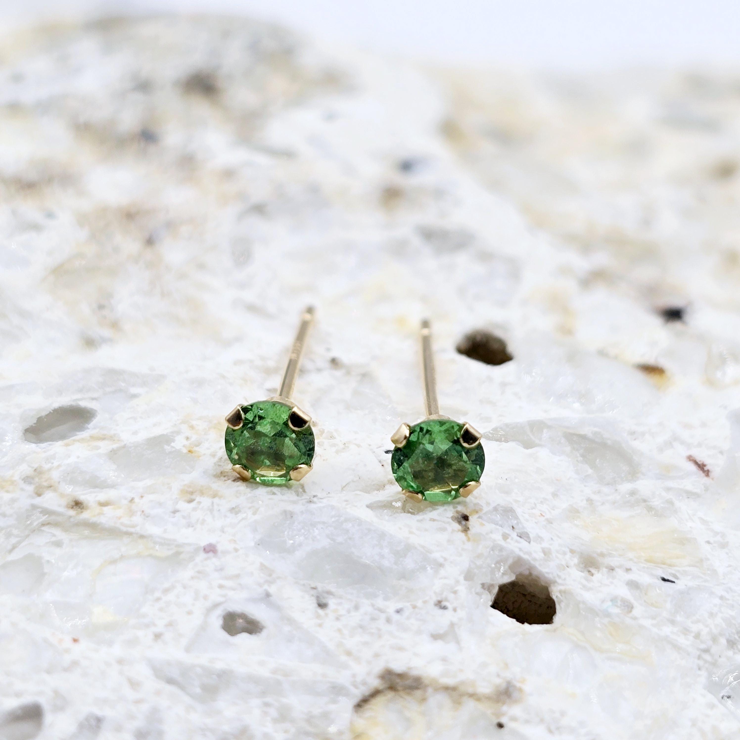 Gold Genuine Gemstone Stud Earrings,  Solid Gold Round Natural Birthstone 4mm Stud Earrings, Birthstone Earrings, Gift for Women