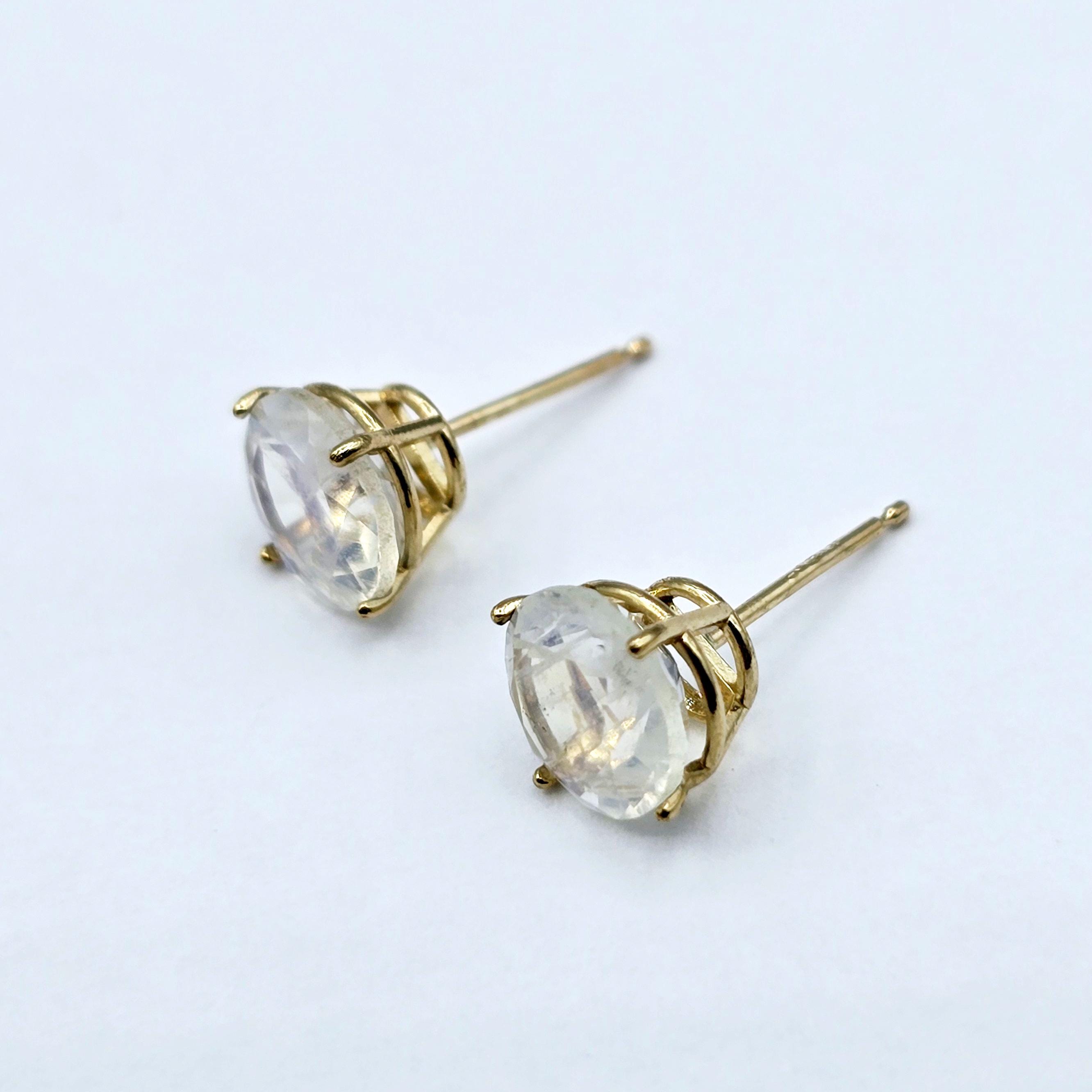 10K Gold Moonstone 7x7mm Stud Earrings, 10K Yellow Gold Genuine Moonstone Stud Earrings, Gift For Her, Big Stone Earrings