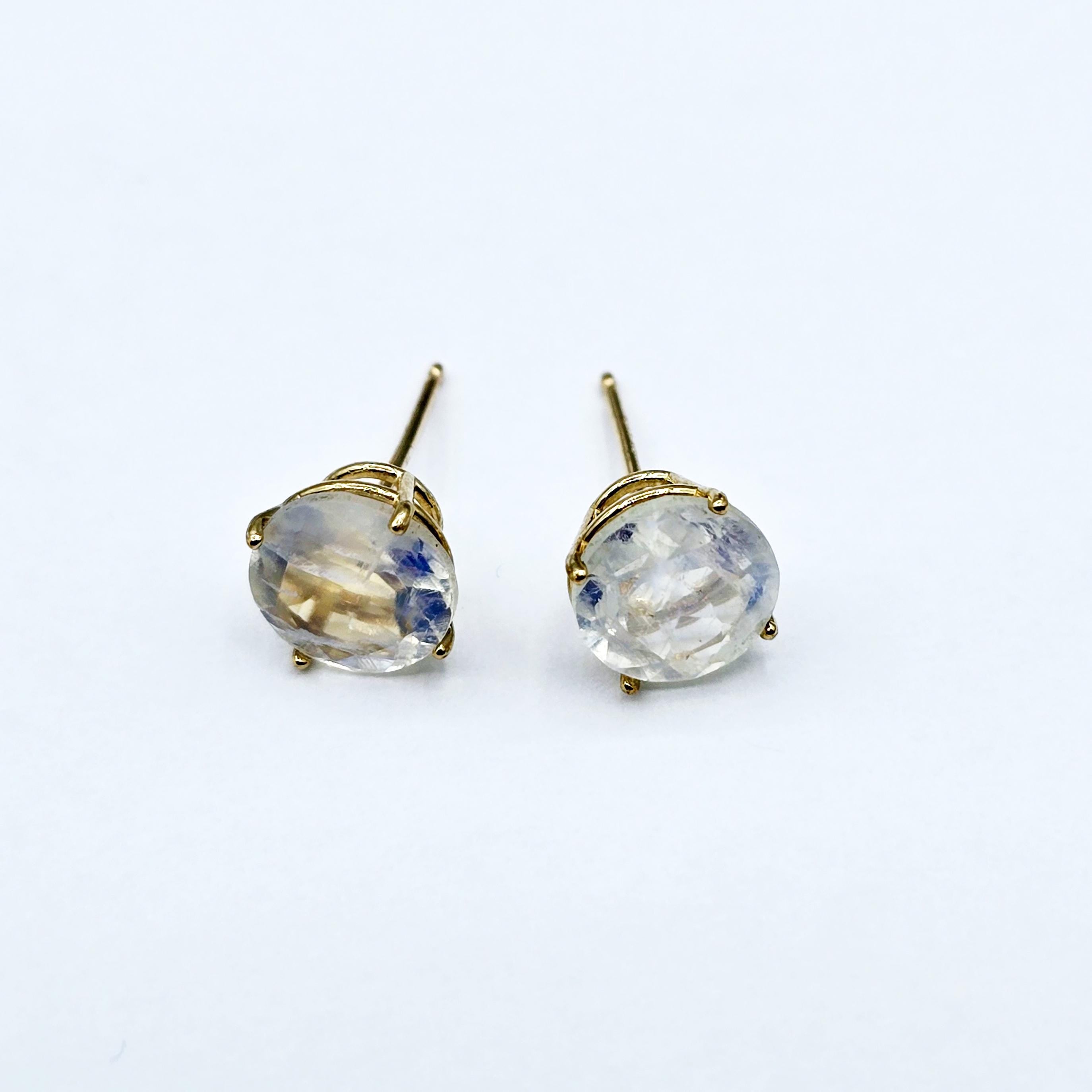 10K Gold Moonstone 7x7mm Stud Earrings, 10K Yellow Gold Genuine Moonstone Stud Earrings, Gift For Her, Big Stone Earrings