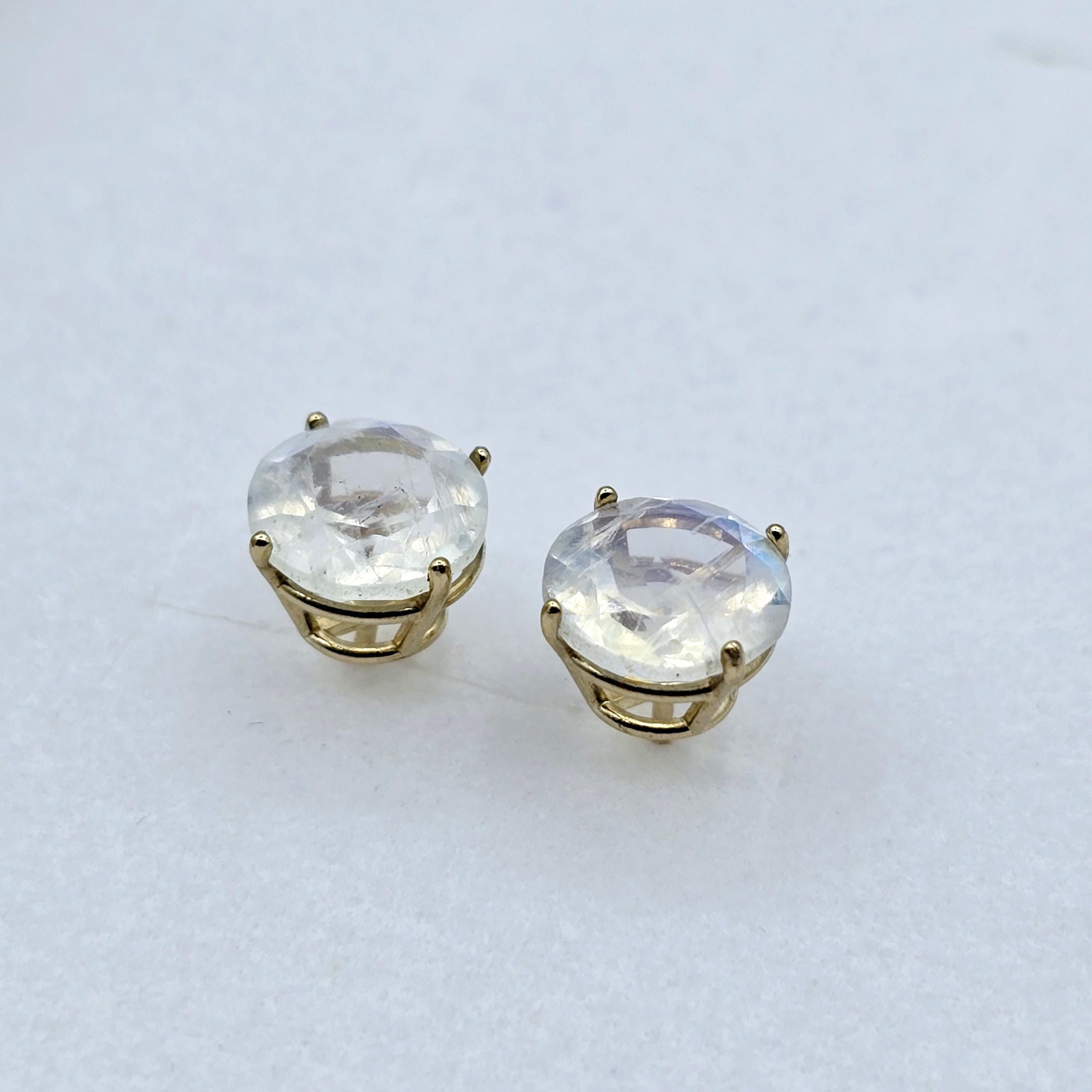 10K Gold Moonstone 7x7mm Stud Earrings, 10K Yellow Gold Genuine Moonstone Stud Earrings, Gift For Her, Big Stone Earrings