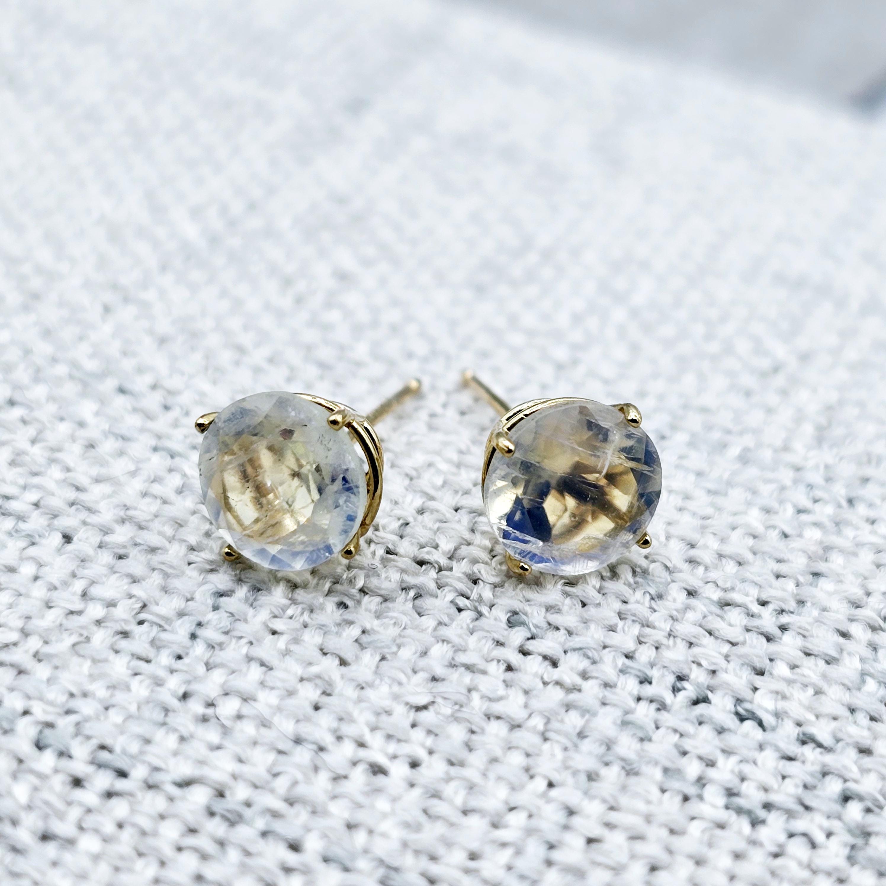 10K Gold Moonstone 7x7mm Stud Earrings, 10K Yellow Gold Genuine Moonstone Stud Earrings, Gift For Her, Big Stone Earrings