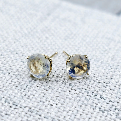 10K Gold Moonstone 7x7mm Stud Earrings, 10K Yellow Gold Genuine Moonstone Stud Earrings, Gift For Her, Big Stone Earrings