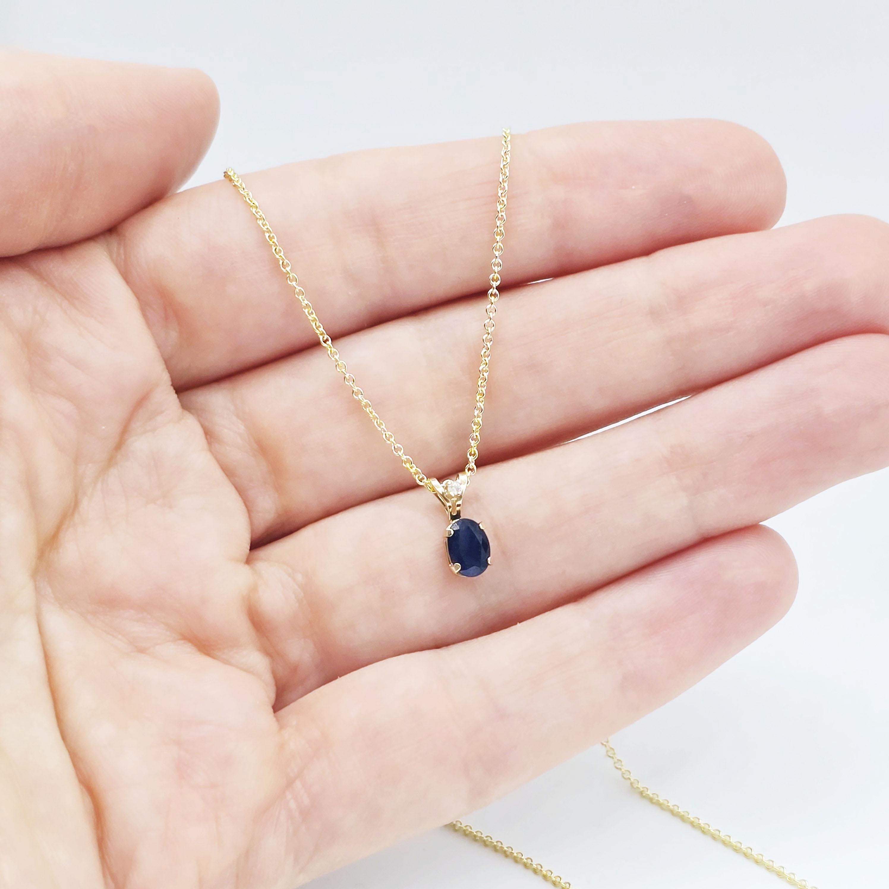 Gold Natural Blue Sapphire Pendant Necklace, 14K Yellow Gold Genuine Blue Sapphire 6x4mm with Diamond Pendant, September Birthstone