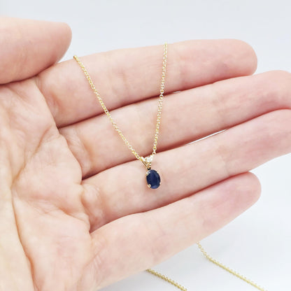 Gold Natural Blue Sapphire Pendant Necklace, 14K Yellow Gold Genuine Blue Sapphire 6x4mm with Diamond Pendant, September Birthstone