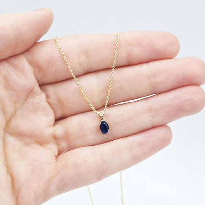 Gold Natural Blue Sapphire Pendant Necklace, 14K Yellow Gold Genuine Blue Sapphire 6x4mm with Diamond Pendant, September Birthstone