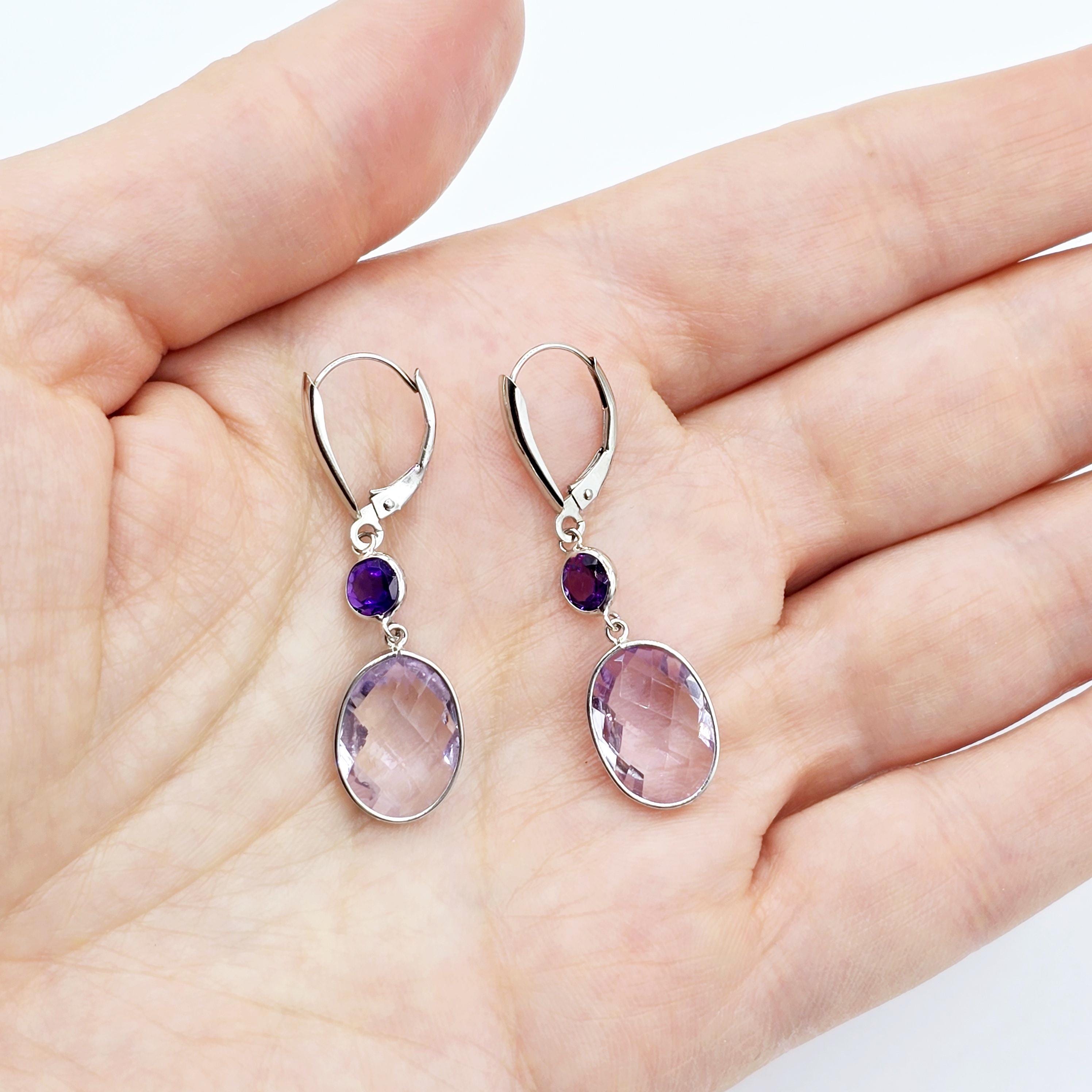 14K White Gold Amethyst Drop Earrings, Lever Back, Luxury Jewelry Gift