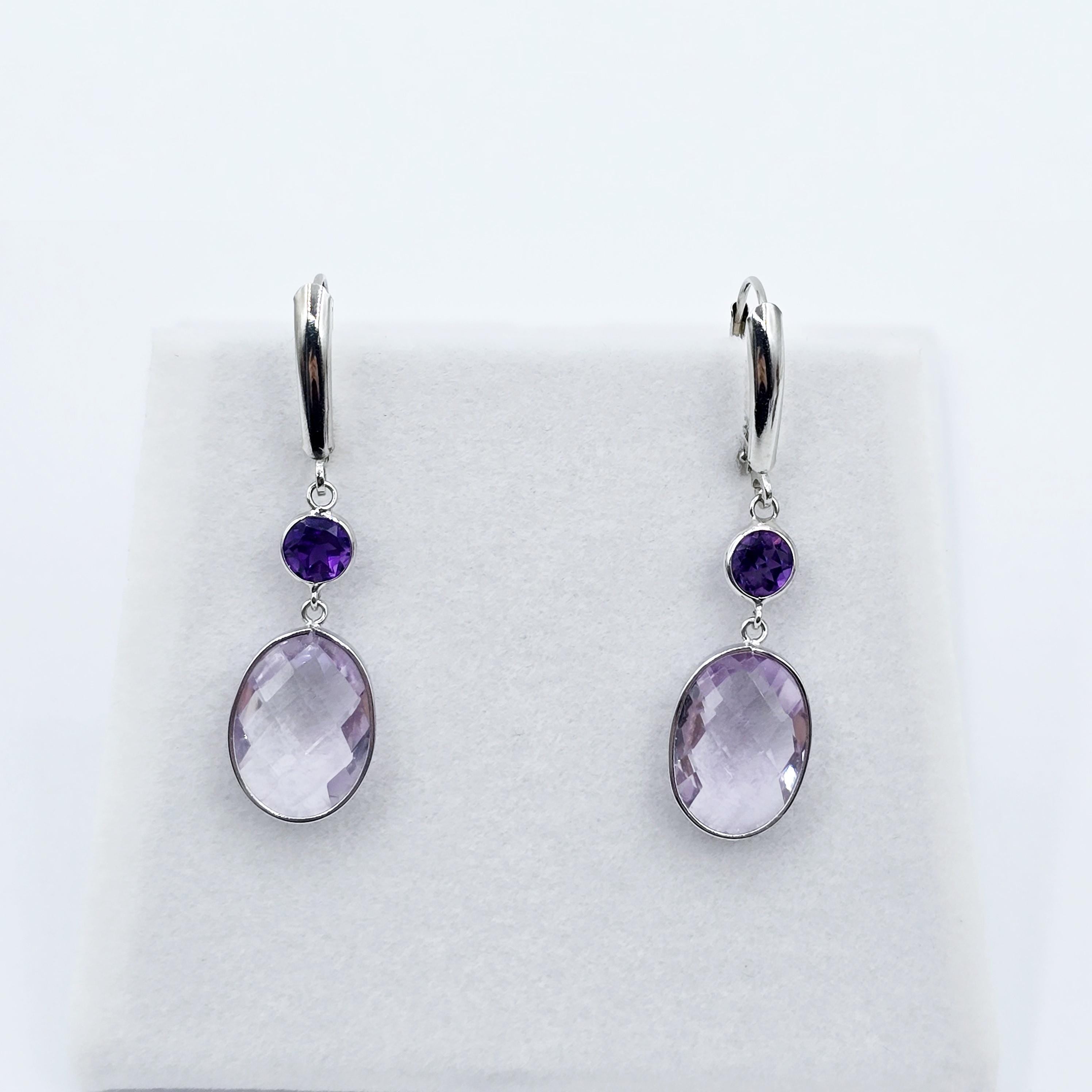 14K White Gold Amethyst Drop Earrings, Lever Back, Luxury Jewelry Gift
