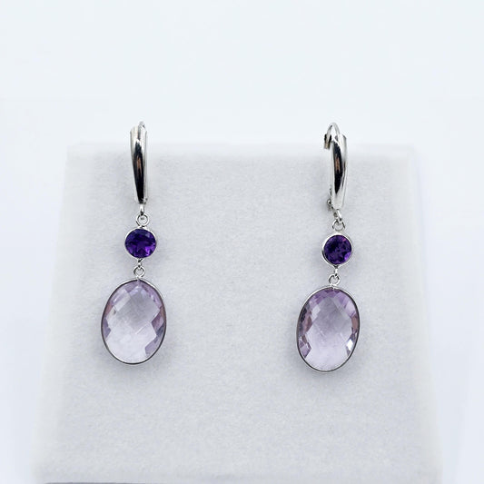 14K White Gold Amethyst Drop Earrings, Lever Back, Luxury Jewelry Gift