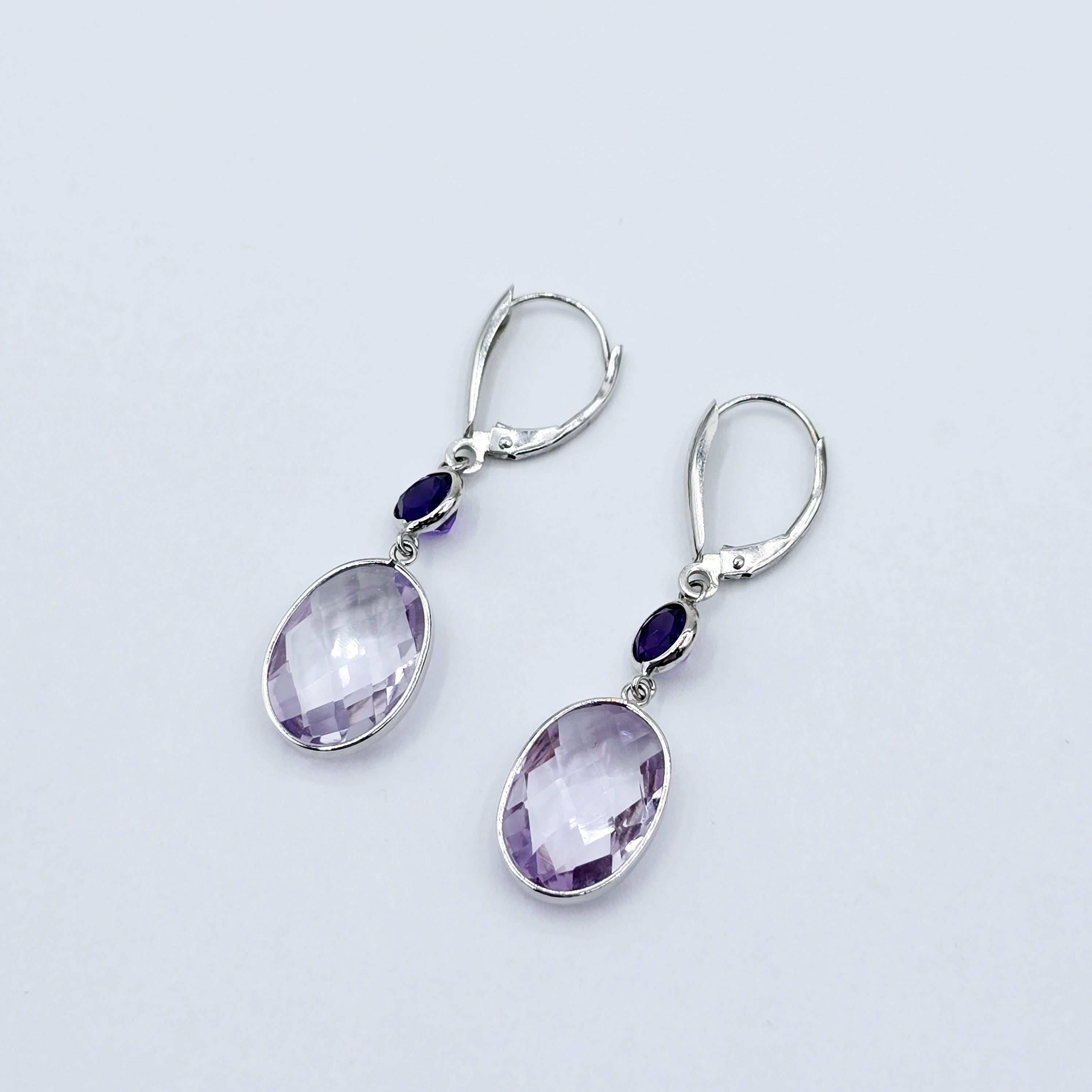 14K White Gold Amethyst Drop Earrings, Lever Back, Luxury Jewelry Gift