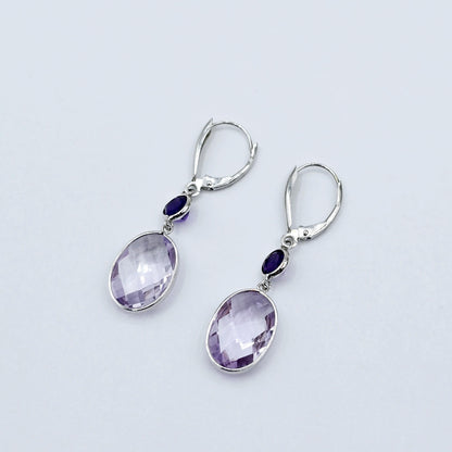 14K White Gold Amethyst Drop Earrings, Lever Back, Luxury Jewelry Gift